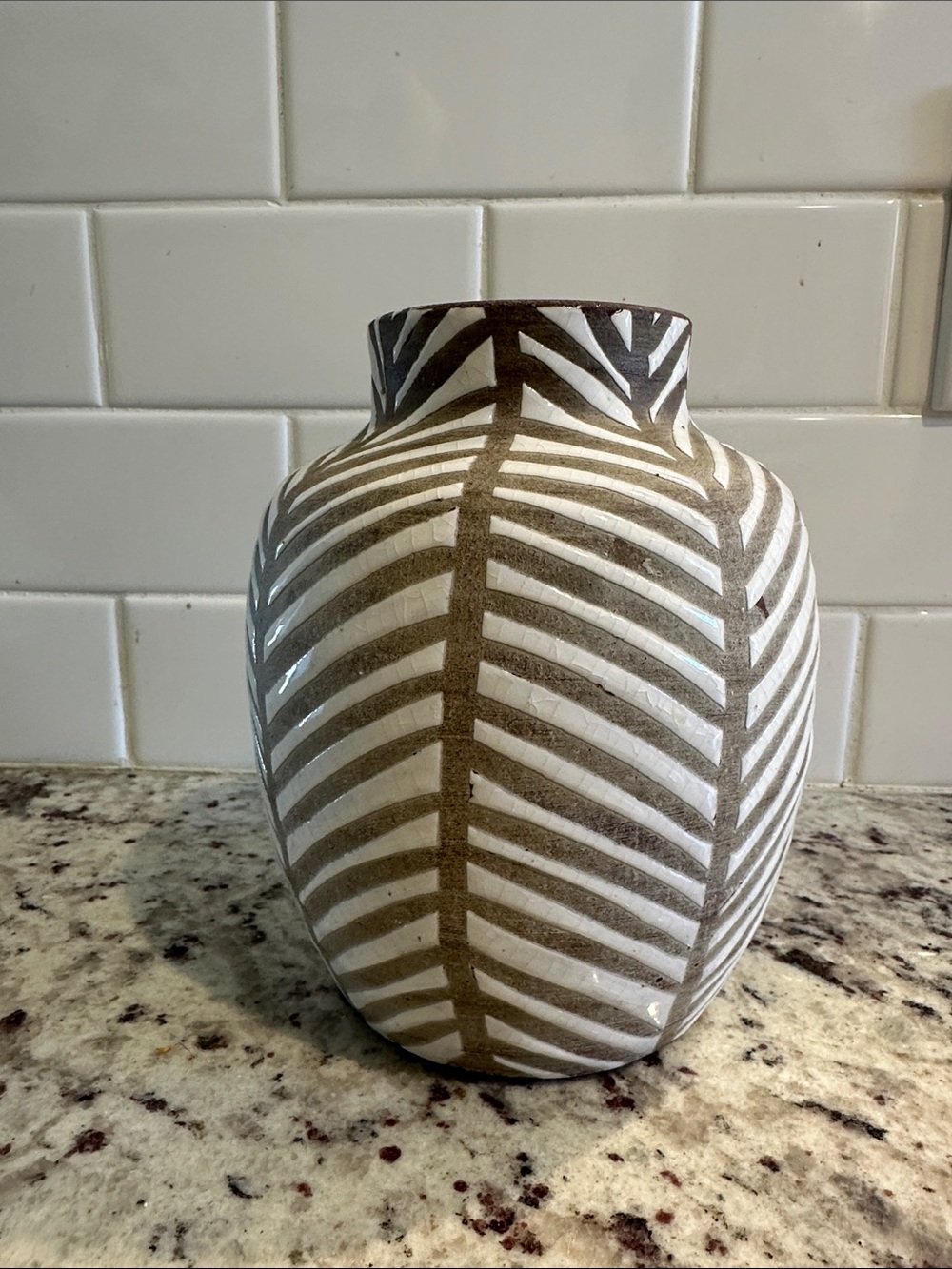 Anthropologie Striped Ceramic Vase in White and tan